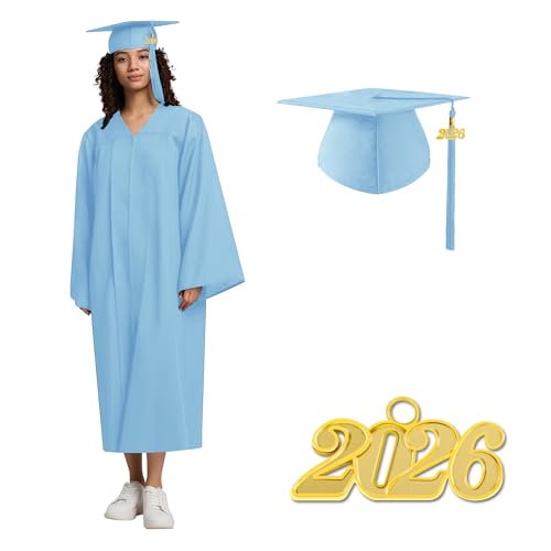 Image of 2026 Graduation Cap and Gown Matte Unisex for High School Bachelor | Heavyweight Matte Polyester, Zipper Closure, Adjustable Cap with 2026 Tassel, Sizes 39-60, Bulk Orders Available
