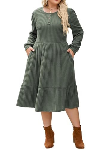 2025 Armeegrün Strickkleider Damen Pulloverkleid Große Größe Hohe Elastizität Langarm Kleider Strick
