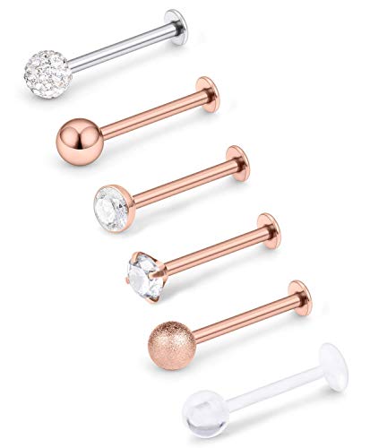 Mayhoop 6Pcs 16G 8mm Piercing Labret Tragus Helix Acier Inoxidable Piercing Oreille Lèvre Monroe Medusa Bijoux de Piercing Or Rose Cover