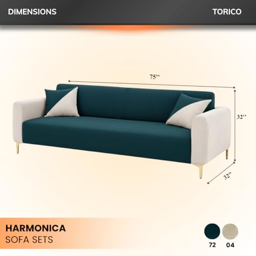 Image of Opera 3 Seater Fabric Sofa Set | Soft Velvet Upholstery, Sturdy Wooden Frame | Modern Sofa for Living Room, Hall & Office Spaces (Green Teal-Cream)
