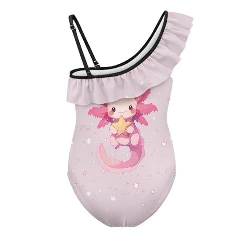 Image of WELLFLYHOM Axolotl Girls One Piece Swimsuits 3-14 Ruffle One Shoulder Bathing Suits Full Coverage Beachwear