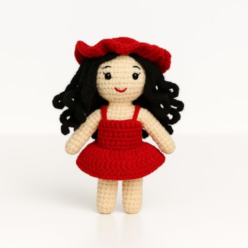 Image of Sutra Handmade Crochet Doll for Girls 3-10 Years | Amigurumi Soft Toy in Red Dress with Hat | Washable, Handcrafted Plush Doll | Perfect Birthday & Baby Shower Gift