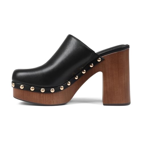 Oiamenne Womens Platform Clogs Mules Chunky High Heeled Sandals Round Toe Slip On Slides Rivet Studded Heels for Women Casual Comfy Shoes,Black Size 8