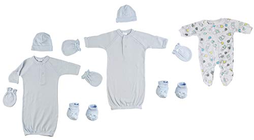 Bambini Preemie Boys Gowns, Sleep-n-Play, Caps, Mittens and Booties - 8 pc Set