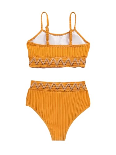 Image of WDIRARA Girl's 2 Piece Swimsuits Ribbed Textured Chevron Pattern Bikini Swimwear Set High Waist Summer Boho Swimsuit Sets
