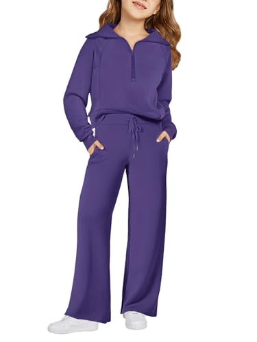 Image of Haloumoning Girls 2 Piece Outfits Sweatsuit Half Zip Long Sleeve Sweatshirts Sweatpants Tracksuit Sets 5-14 years