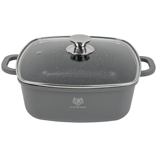 KARL HAUSMANN Aluguss Topf 24 cm 4,4L mit Deckel - Eckig Kochtopf Induktion, Antihaftbeschichtet mit COOKMARK MARBLE, Grau Suppentopf, geeignet für Backofen, Gas, Ceran, Elektro