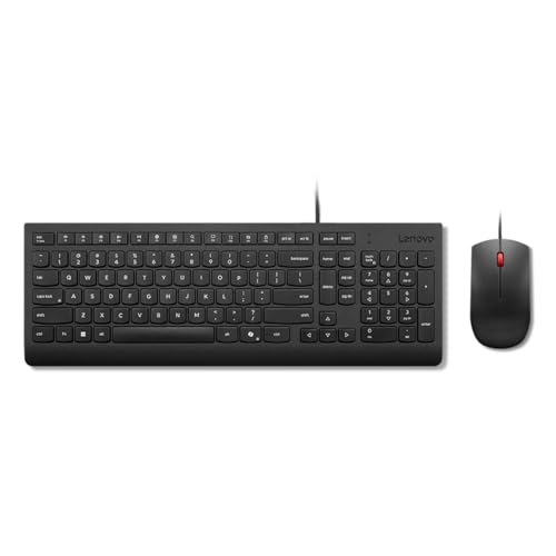 Image of Lenovo Essential Wired Keyboard & Mouse Combo - US English, Adjustable Feet, Spill Resistant Keys, Full Size Ambidextrous Optical Mouse, 1600 DPI, Black