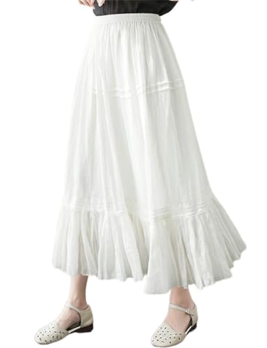 IDEALSANXUN White Linen Skirts for Women 2024 Summer Tiered Flowy A Line Elastic High Waisted Skirt with Lining