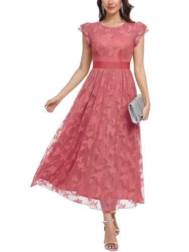 Image of Women's Casual Tulle Midi Dress Ruffle Sleeve Crewneck Lace Flowy Dresses Party Wedding Guest Sundress