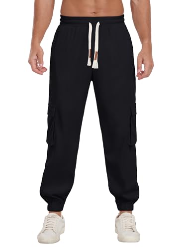 Askdeer Mens Corduroy Joggers Pants Casual Cargo Pants Drawstring Elastic Waist Baggy Tapered Sweatpants with 5 Pockets Black2