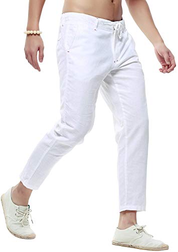 chouyatou Men s Casual Drawstring Straight Fit Beach Linen Capri Pants (Large, White)