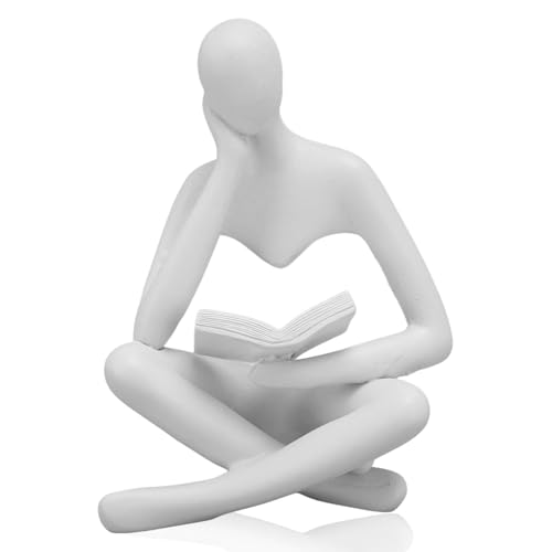 Jwthee Decorazione del pensatore del libro di lettura, Statua del pensatore in resina moderna Scultura di arte astratta Scultura del pensatore seduto e di lettura Ornamento per mensole (White)