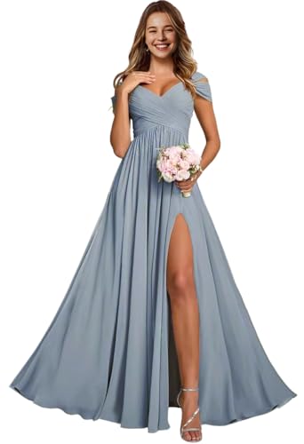 FoinLuve Off Shoulder Chiffon Bridesmaid Dresses for Women Long Ruched with Slit A Line Prom Formal Evening Dress Dusty Blue 02