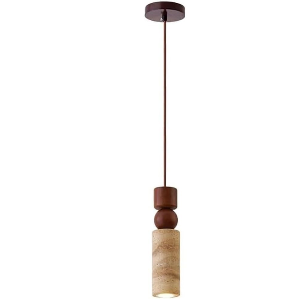 SYAXVOM Japanese Retro Cylindrical Hanging Lamp Yellow Travertine Body Pendant Light Fixtures Adjustable Height Solid Wood Decorate E27 Base Chandelier for Bedroom Living Room