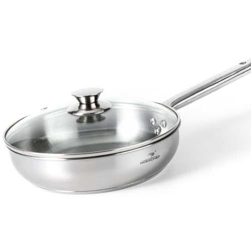 HOMICHEF 24CM Nickel Free Stainless Steel Saute Pan Induction Oven Safe - Premium Mirror Polished Stainless Steel Pan - Small Non Toxic Deep Frying Pan