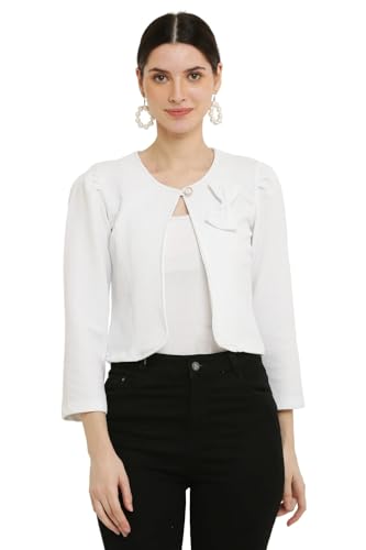 Image of Women's White Cropped Blazer with Bow Detail, Open Front, 3 /4 Sleeves, Textured Fabric
