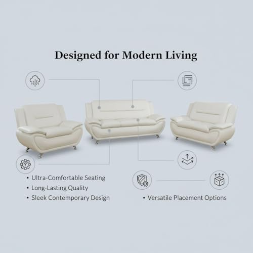 Image of Sofa and Loveseat Set, Leather Living Room Set with Metal Legs, 3 Piece Living Room Furniture, Modern 3-Seater Sofa + 2-Seater Loveseat + Accent Chair Sets, for Home Office, White