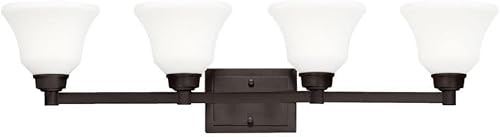 Kichler Langford - Lámpara de tocador con 4 luces de 35 pulgadas con cristal blanco grabado satinado en bronce antiguo