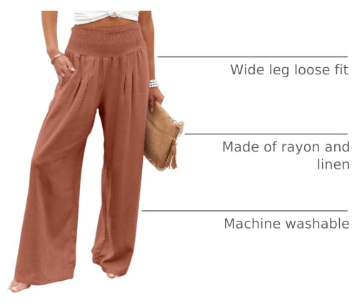 Image of ANRABESS Women Linen Palazzo Wide Leg Pants with Pockets | Smocked High Waist，Comfort Casual Flowy Pants，Lounge Everyday Wear，Summer Boho Cute，2026 Beach Travel Vacation Outfits