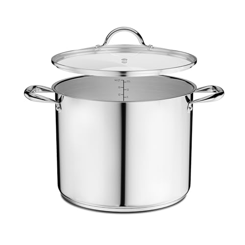 Comparison: Best 14 Quart Stock Pot 10 Stainless Steel Stockpot with Tempered Glass Lid 14 Quart, Durable 18/0 Stainless Steel, Impact-Bonded Base for Even Heating, Riveted Handles, Oven & All Stove Compatible, Safe Up To 500°F (260°C)