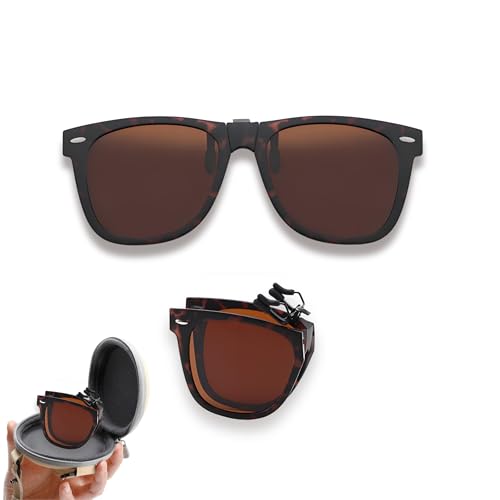 Polarized Clip-on Sunglasses, Foldable Fashion Retro Clip-on Sunglasses, Anti-Glare UV400, Unisex Driving Eyewear, Clip On Prescription Glasses with Sunglasses Storage Case