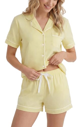 Image of LUBOT 100% Cotton Pajamas for Women 2 Piece PJ Set Button-Down Soft Knit Short Sleeve Summer Sleepwear Loungewear XS-XXL
