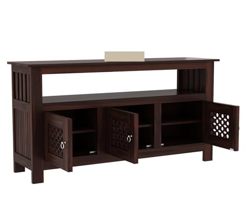 Image of SHIKHA WOOD CRAFT Solid Sheesham Wood Sideboard Cabinet with 3 Door and 1 Open Shelf | Multipurpose Wooden Storage Organizer Furniture for Bedroom, Kitchen, Home, Living Room and Office(Walnut Finish)