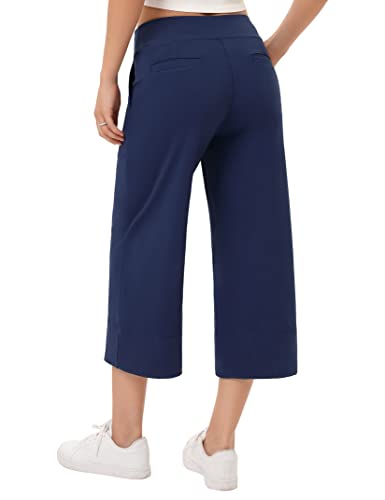 Gymsmart Capris For Women Casual Summer Capri Yoga Pants With Pockets Elastic Waist Wide Leg Cropped Pants Navy Blue S #TOP2