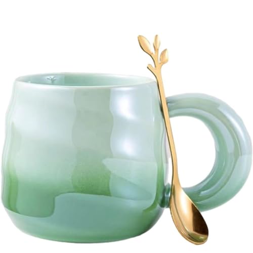 FülleMore Farbverlauf Porzellan Kaffeebecher mit Löffel 380ml große Kaffeetasse mit Henkel spiralenförmige Frühstückstasse Süße Bürotasse...