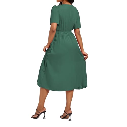 Image of Women's Short Sleeve Summer Boho Pleated Rayon Mid Dresses with Pockets for Wedding Guest