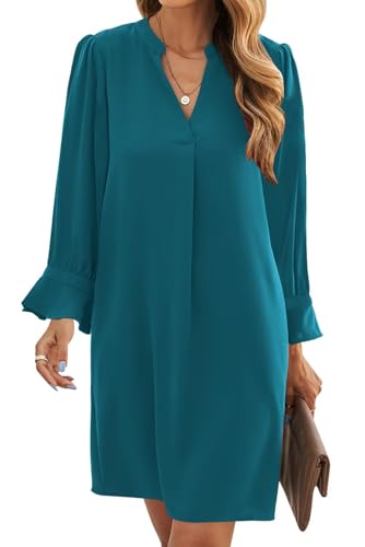 Image of Wkior Womens Fall Ruffle Long Sleeve V Neck Shift Dresses (S-XXL)
