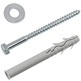 Dimensions: Diamètre de la cheville: ~Ø14 mm. Longueur de la cheville: 135 mm. Matériau de la cheville: en nylon. Vis à tête hexagonale tirefond: Ø10x140 mm. Rondelle large: pour boulon M10. A la livraison vous recevrez 10 chevilles + 10 vis à bois tirefond + 10 rondelles. Voir les images. Poids de l'ensemble: 800 g.