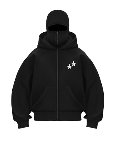 EMMIOL Balaclava Oversized Full Zip Hoodie With Built-In Wind Proof Mask Long Sleeve Pullover Sweatshirt With Pocket Black M