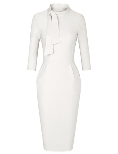 Image of MUXXN Women's Midi Pencil 1950s Vintage Cocktail 3 /4 Sleeve Tie Neck Bodycon Mid-Calf Dress with Pockets