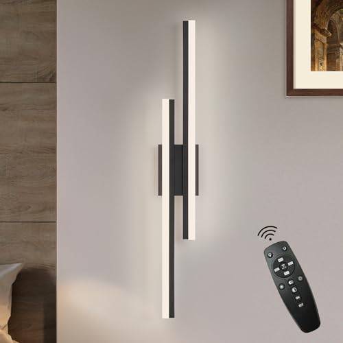 Image of LED Wall Sconce Black Modern Remote Wall Light Fixtures for Living Room, Dimmable LED Vanity Light Indoor Remote Wall Sconce for Bedside Bedroom Bathroom Dining Room, L31.5inch 1 Pack