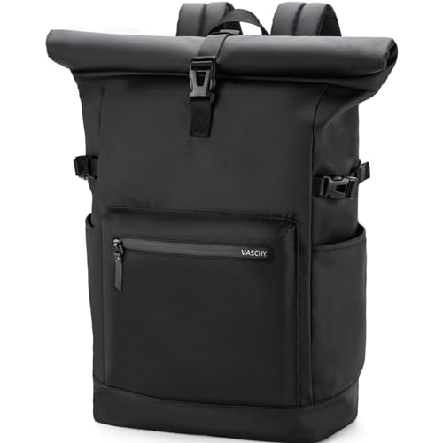 VASCHY Rolltop Travel Backpack for Men, Water Resistant Expandable Large Carry-on Casual Daypack for Work Business Hiking College Black