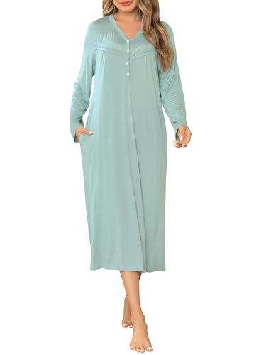 Sopesil Chemise de Nuit à Manches Longues pour Femme Col en V Chemise de Nuit Douce et Ample Pyjama Boutonné avec Poches Vêtements D'intérieur A-Vert Cacahuète,M
