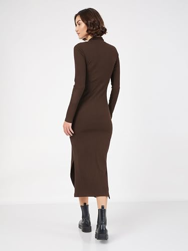 Image of Sassafras Women Bottle Rib High Neck Front Zipper Bodycon Midi Dress