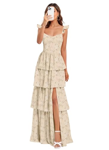 Dessiny Floral Print Bridesmaid Dresses Long with Slit 2025 Spaghetti Straps Tiered Ruffles Formal Evening Dress DE579
