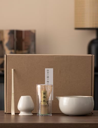 Sadior 茶筅 茶筅立て 茶杓 茶さじ 抹茶碗 茶道具 4点セット 茶せん 曲直し 茶筅休め 抹茶点て お点前セット 初心者さん向け 茶道セット (E)