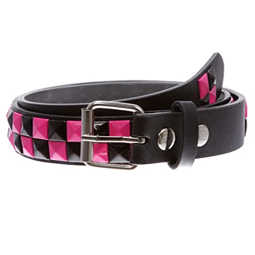 Kids Snap On Punk Rock Black & Hot Pink Star Studded Checkerboard Leather Belt