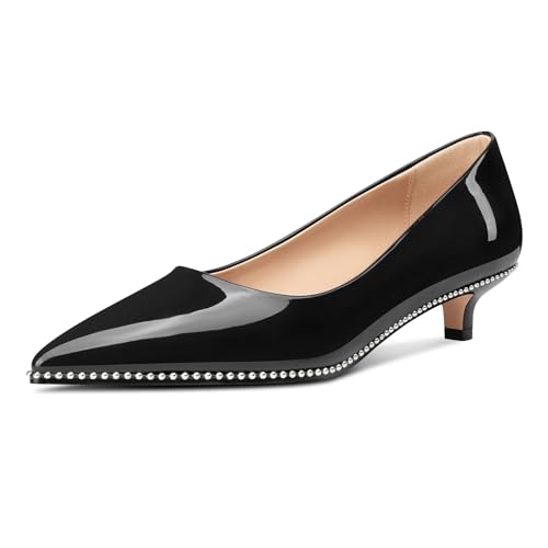 Image of Aachcol Womens Low Heel Pointed Toe Pumps Silver Beaded Kitten Heels Slip-on Comfortable Office Dress Shoes 1.4 Inches Heels