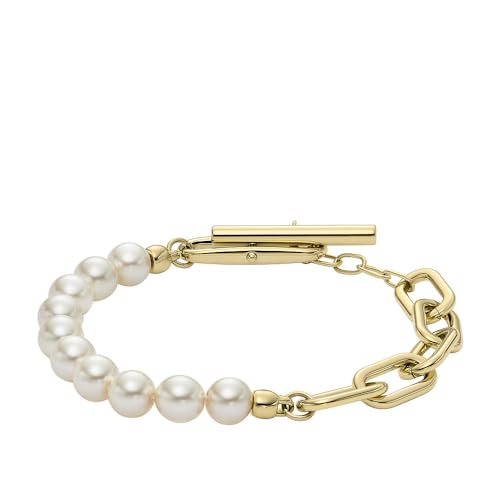 Fossil Bracelet de chaîne en acier inoxydable doré Heritage Pearl D-Link pour femmes, JF04729710