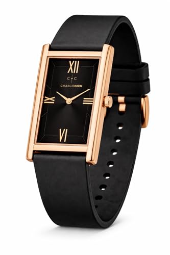 Image of CHARLIEKEEN Rectangular Wristwatch, Black Dial with Rose Gold Roman Numerals, Silicone Strap, Elegant Style