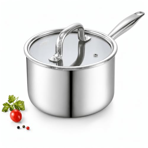 Image of Cook N Home 02679 Tri-Ply Clad Stainless Steel Sauce Pan with Lid, 2 Quart, Silver
