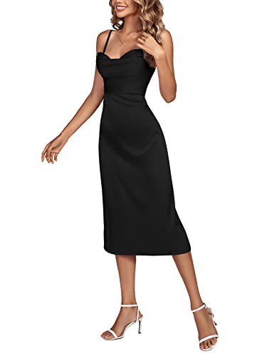 Lyaner Women's Satin Cowl Neck Spaghetti Straps Sexy Cocktail Midi Dresses Black Small #TOP3