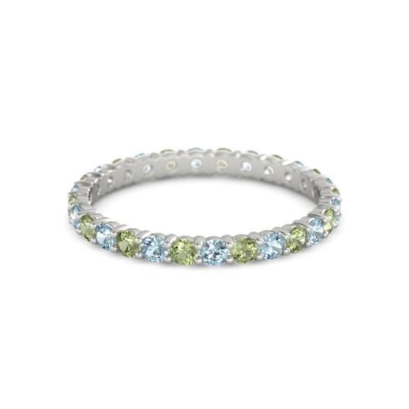 Aquamarine With Peridot Round 2.50 MM Eternity 925 Sterling Silver Women Wedding Stacking Ring