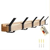 Novatta Garderobenleiste holz- Wandgarderobe als Hakenleiste mit 5 verschiebbare Kleiderhaken, Bilderleiste Holz- Garderobe wand, kleiderhaken garderobe, Jackenhalter wand.