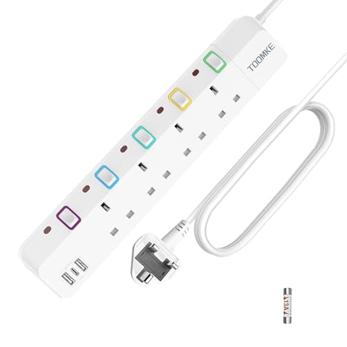 10M Extension Lead with Switches, 4 Way Extension Lead with 3 USB Ports (2 USB-A&1 USB C), Child Safety Protection Power Strip UK Plug Extension Socket 10 Meters Power Cord for Home Office